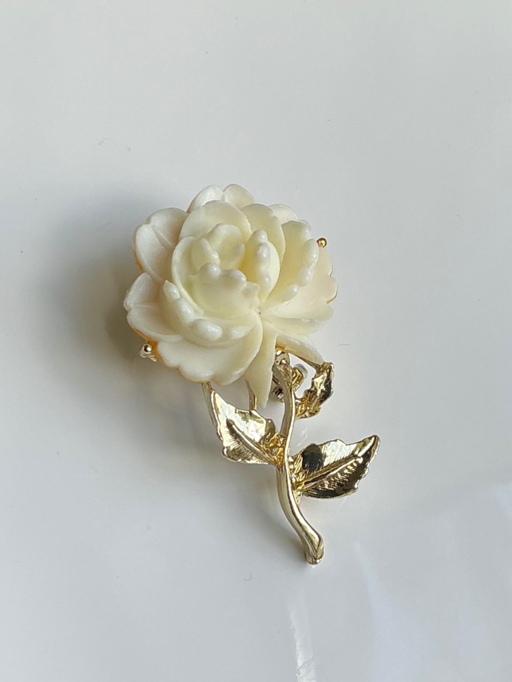 Vintage White Rose Brooch Carved Flower Pin Gold Tone